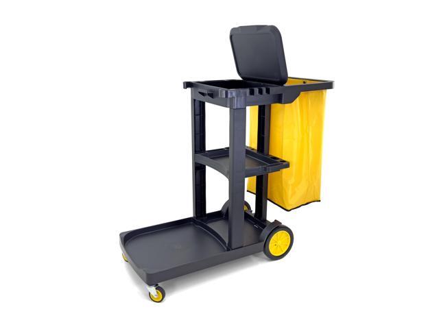 Compact Size Janitorial Cart 3 Shelves 25 Gallon Vinyl Bag with Cover 450 LBS Capacity Black