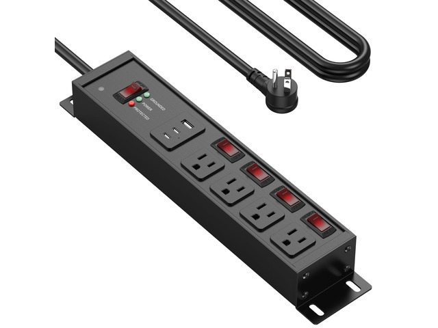 Heavy Duty Surge Protector, 12 Gauge, USB Ports. Black, 15FT, 1 20 Amp Individual Switches, Outdoor Extension Cord, Wall Flat Plug Extender,...