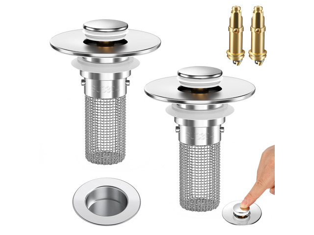 2PCS Bathroom Sink Stopper Strainer, Pop-Up Bathroom Sink Drain Strainer with Removable Stainless Steel Hair Catcher Basket, Universal Fit for US...
