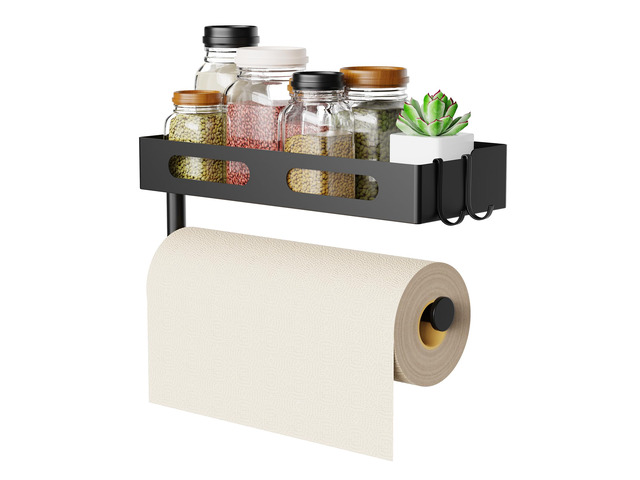 Paper Towel Holder Wall Mount for Kitchen, Paper Towel Holder with Shelf for Bathroom, RV Paper Towel Rack, Spice Rack with 2 Hooks,Matte Black