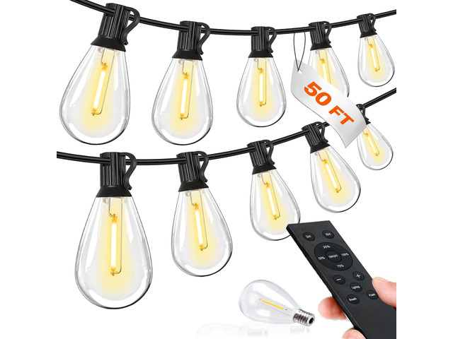 50FT LED Outdoor String Lights with Remote,16+ 1 Shatterproof Bulbs Waterproof and Dimmable Patio Lights for Porch, Garden, Backyard, Deck,...