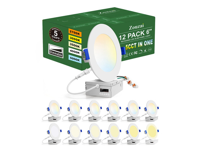 12 Pack 6 Inch LED Recessed Ceiling Light, 12W=110W, 5CCT, Dimmable 1080LM, 2700K/3000K/3500K/4000K/5000K Selectable, LED Can Lights, with Junction...