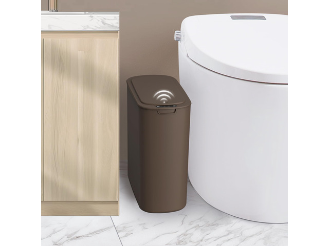 Automatic Motion Sensor Bathroom Trash Can with Lid, 2.6 Gallon Touchless Trash Bin, Smart Plastic Slim Garbage Can Small Brown Wastebasket for...
