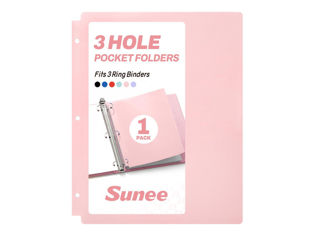 3 Hole Pocket Folders (1 Pack, Pink), Plastic Pocket Folders for 3 Ring Binder, 3-Hole Punched Folder with Pockets,, Students, Teachers, Office Staff