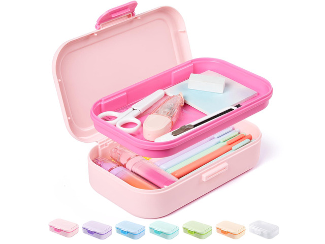 Double Layer Pencil Box, Plastic Pencil Case with Latch, Hard School Supply Box for Girls Boys Kids, Large Crayon Marker Pen Holder, Cute Art...