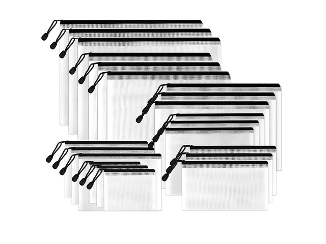 Multisize Mesh Zipper Pouches (Black, 21 Packs), Water-Resistant Zip Bag for School Office Supplies, Puzzles & Games Organizing Storage