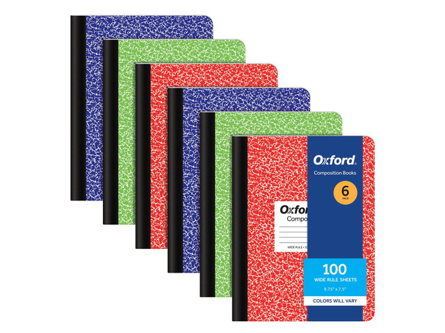Composition Notebooks, 6 Pack, Cover Colors Vary, Wide Ruled Paper, 9-3/4 x 7-1/2 Inch School Journals, Assorted Marble Covers, 100 Sheets, per...