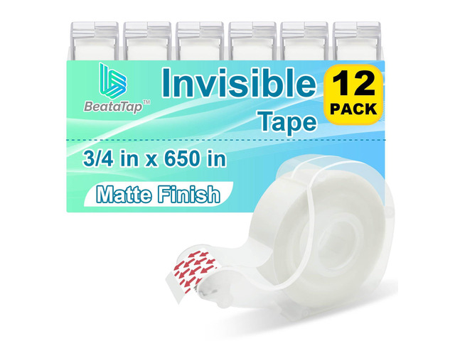 Tape Bulk, Clear Tape, Invisible, Matte Finish, Writable, 3/4 in x 650 in, Transparent Tape, 12 Rolls with Dispensers, Ideal for Gift Wrapping,...