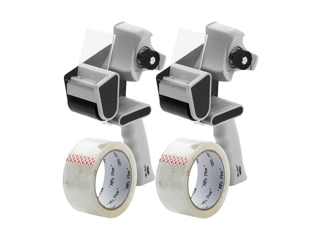 Heavy Duty Packing Tape Dispenser Gun, 2 Inch 2 Pack with 2 Clear Tape Rolls, Handheld Tape Gun for Moving, Shipping, Sealing Boxes & Packaging