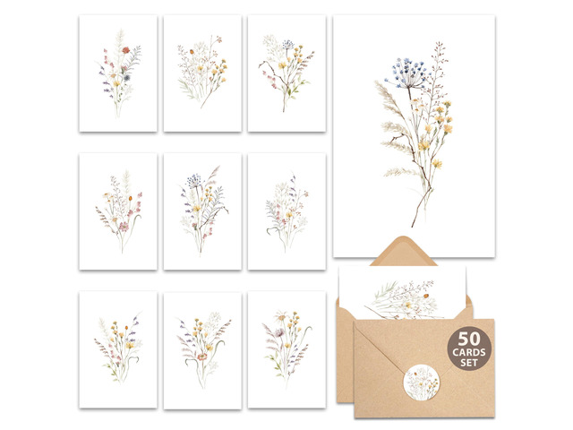 50 Pack Blank Cards with Envelopes 4'x6' - Watercolor Wildflower Greeting Cards with Matching Stickers - Blank Note Cards for All Occasions