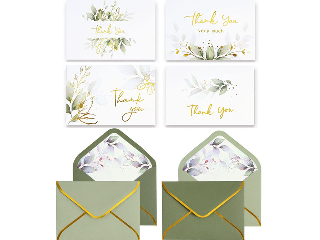 100 PK Luxurious Gold Thank You Cards with Envelopes Bulk Sage Green - 5x3.5 Inches Wedding Thank You Notes Baby Shower Greenery Bridal Shower...