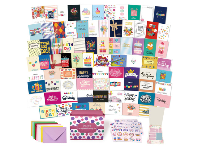 80 Unique Birthday Cards- Happy Birthday Cards Bulk With Greetings Inside Assorted Envelopes and Stickers -Large 5 x 7 inches- Greeting Box Set