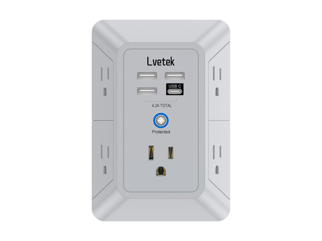Outlet Extender, Surge Protector Outlet with 5-Multi Plug Outlet and 4 USB Ports(1 USB C), 3-Sided 1680J Power Strip Wall Charger, Multiple-Plug...