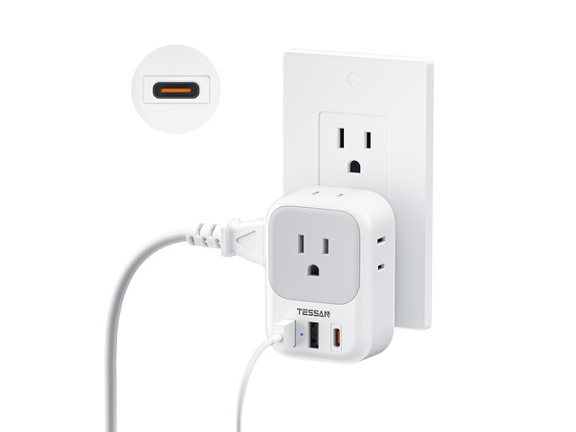 USB C Charger Block 20W PD, Fast Charging Adapter Wall Plug Power Outlet Extender(4 AC and 3 USB) for Cruise, Home, Office, Dorm Room Essentials, Grey