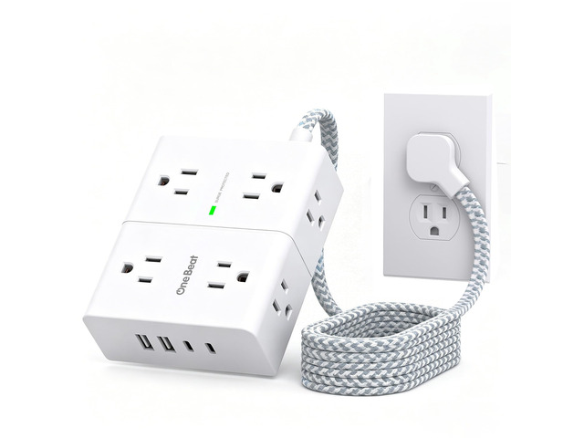 Flat Plug Surge Protector Power Strip, 6 Ft Flat Extension Cord Extension Cord with 8 Outlets 4 USB Ports(2 USB C), Flat Plug Power Strip for Home...