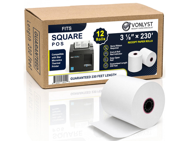 Receipt Paper Roll 3 1/8 x 230 for Square Register and Square POS System connected to Star Micronics Thermal Printer (Pack 12 rolls)