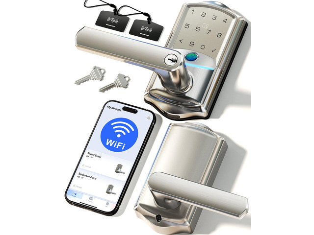 VE029 Wi-Fi Smart Lever Lock with Digital Keypad, Satin Nickel Built-in Wi-Fi, Remote Access, Fingerprint, Real-time Alert, Compatible with Alexa,...