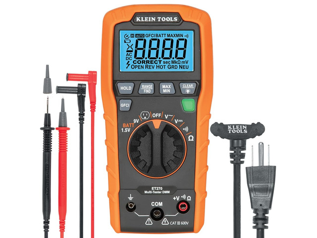 ET270 Auto-Ranging Digital Multi-Tester, AC/DC, Resistance, Continuity, GFCI Receptacle Tester with Test Leads and Receptacle Cord