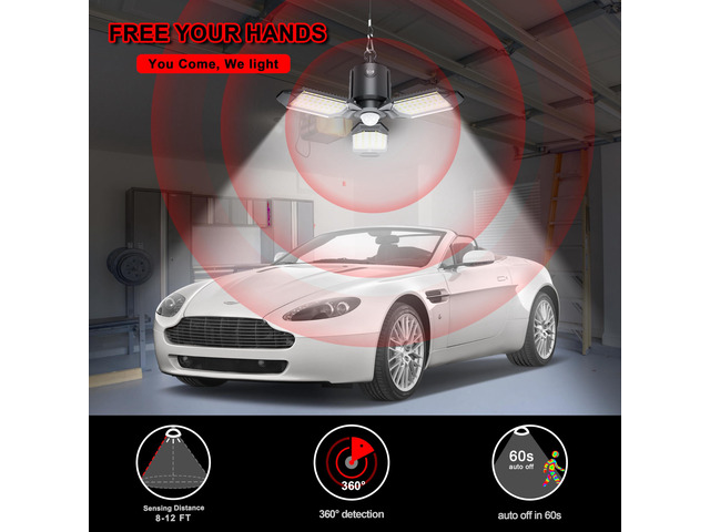 Plug in Motion Sensor LED Garage Shop Light 2 Pack 8000LM Shop Light, 3 Modes, 3 Deformable LED Panels, 6500K Indoor Motion Sensor Light Bulb for...