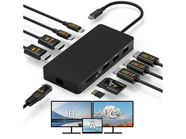 Laptop Docking Station Dual 4K HDTV Monitor, USB C to 2 HDTV Splitter Extended Display, 1000Mbps LAN, USB A & C 3.0 Ports(10Gbps), SD/TF Card, 100W...