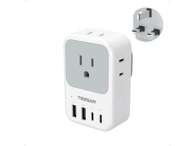 US to UK Type G Plug Adapter for Travel 4 Outlets 4 USB Ports (2 USB-C, 1 with PD 20W), Ireland Power Adaptor, USA to England London Scotland