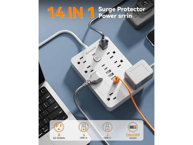 6FT Surge Protector Power Strip Extension Cord with 8 Outlets& 6 USB Ports 2 Pack 6FT Flat Plug Extension Cord with 8 AC & 6 USB (2 USB C),Wall Mount...