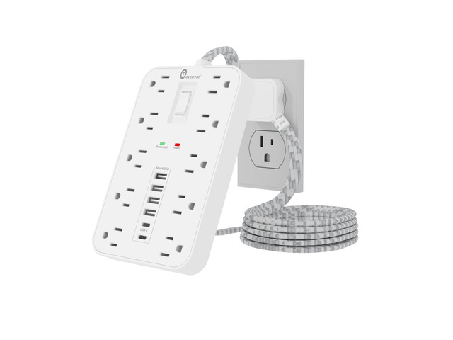 Power Strip Surge Protector, 5 Ft Braided Extension Cord,Flat Plug 10 Widely Spaced Outlets,6 USB Ports (2 USB C),Wall Mount,1625W/13A,Desk...