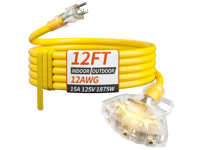 12 FT 12 Gauge Yellow Heavy Duty Outdoor Extension Cord Waterproof Extension Cord with Multiple Outlets Light Indicator, 12AWG 3 Outlet, Flexible...