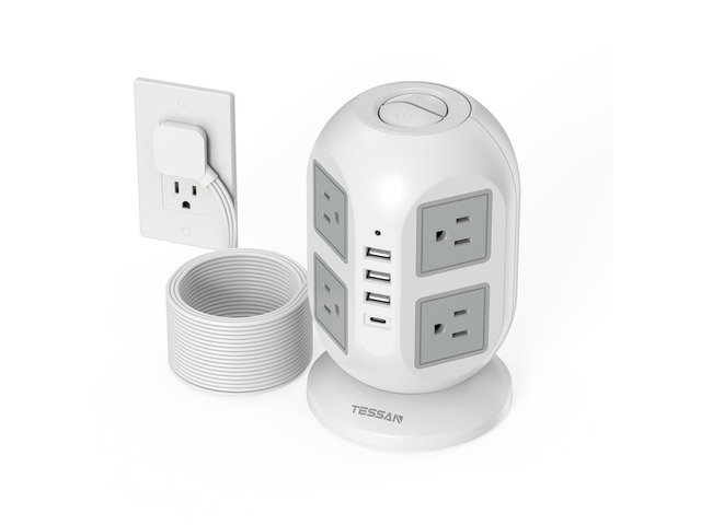 Tower Power Strip 15 ft, Long Flat Extension CordMultiple Outlets 8 AC Outlets with 4 USB Ports (1 USB C), Charging Station for Home Office Dorm...