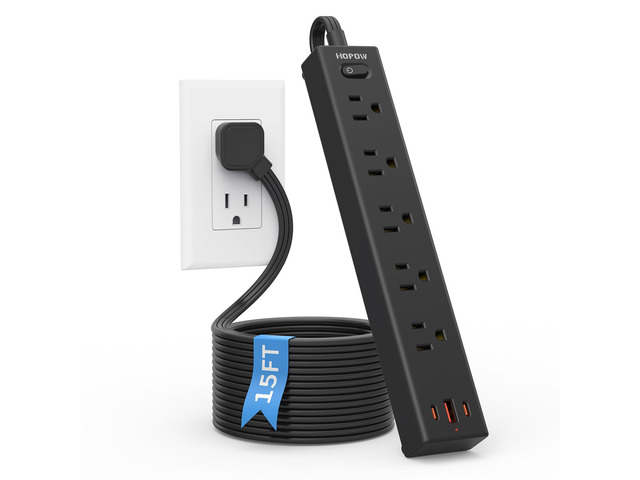 15FT Surge Protector Power Strip, 1700J, 5AC & 1A2C, Flat Plug Extension Cord Flat Power Strip, 0.33in Ultra Thin Plug, 1250W/10A, Wide Spaced,...