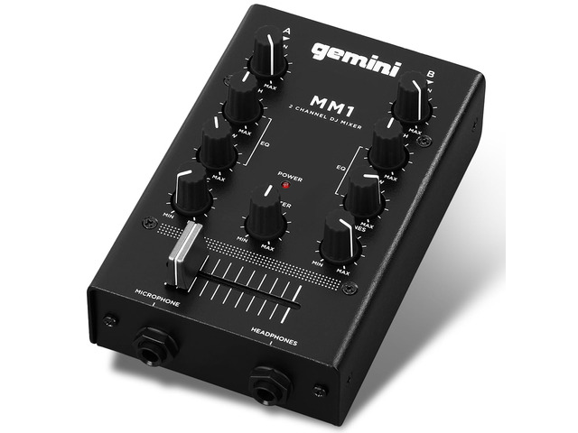 Portable 2-Channel DJ Mixer with Crossfader & EQ (MM1) Portable 2-channel DJ mixer - full-size crossfader, 2-band EQ, gain - all-metal body - RCA...