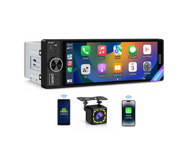 6.5' Wireless CarPlay Single Din Car Stereo,Touchscreen Car Radio 720x1280 HD In-Cell,FM,Bluetooth 5.2, USB & Type-C Fast Charging, SWC, Backup...
