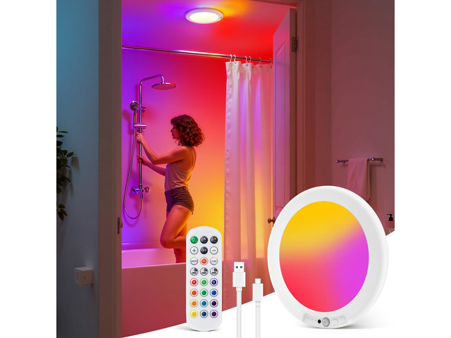 RGB Rechargeable Shower Lights for Inside Shower Waterproof IP44 12 RGB Colors & White Battery Ceiling Lights with Remote, Motion Sensor, Wireless...