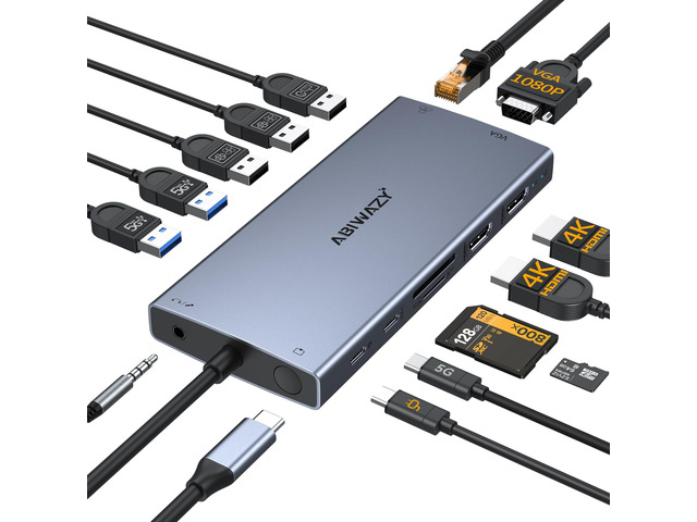 Docking Station Dual Monitor, 15 in 1 Triple Display Multiport Adapter Hub Dual HDMI 4K, VGA 1080P, 6 USB-C/A, Screen Button, 100W PD, Ethernet,...