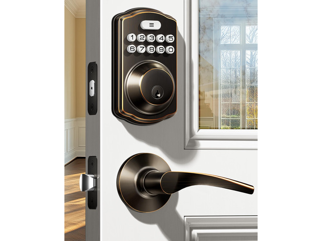 KS01B Keypad Door Lock with 2 Lever Handles Set, Oil Rubbed Bronze Keyless Entry, 20 Codes, Auto Lock, Anti-Peeping Code, Electronic Deadbolt for...
