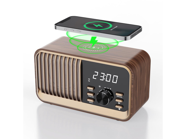 Alarm Clock Radio with Fast Wireless Charging,Support Bluetooth 5.3/FM Radio/USB Port/TF Card/Aux in,8W Stereo Sound Speaker,Snooze,Hands-Free...