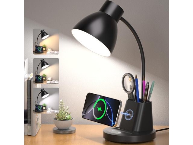 10W Wireless Charging LED Desk Lamp with Pen Holder, CRI 95, Black 800LM, 3 Modes, 360°Flexible Arm, Touch, Brightness, Table Lamp for Home Office,...