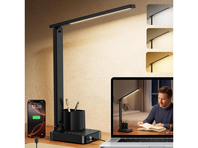 LED Desk Lamp USB A/C AC Pen Holder Dorm Home Office Desk Light Black Adjustable LED Desk Light with USB A/C, AC Outlet, Pen Holder; Small Desk...