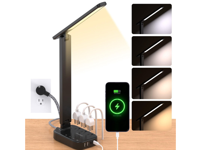 LED Desk Lamp, 10Ft Power Strip with 3 Outlets 4 USB Ports(2 USB C), Black 4 Modes 5 Level Brightness Touch Lamp, Small Desk Lamp for Home Office...