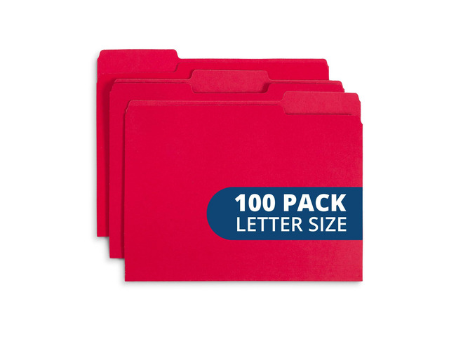 100 File Folders, Letter Size, 1/3 Cut Tab, Red Durable 11pt Uncoated Paper, 1/3 Cut Top Tab, Assorted Tab Positions, for Office, School, and Home...