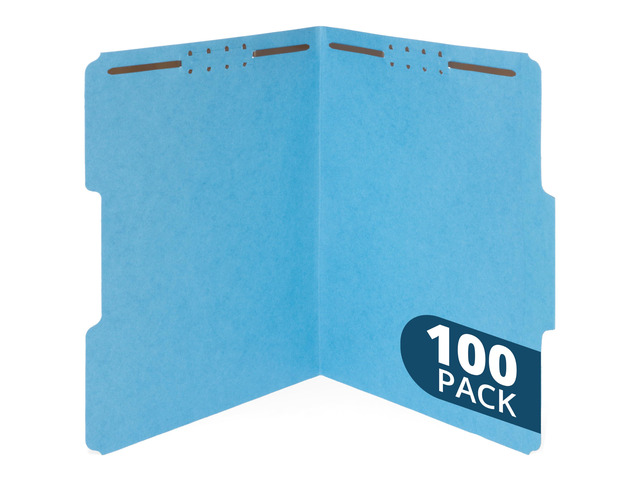 100 Fastener File Folders, 1/3 Tab, Light Blue Letter size, 11pt, 1/3 cut top tab, 2 prong fasteners, for medical files, reports, and office records