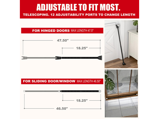 2-in-1 Door Security Bar & Sliding Patio Door Security Bar - Constructed of High Grade Iron - Black