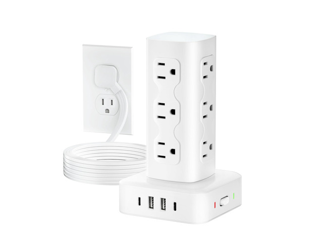 Power Strip Tower Surge Protector(2000J), Flat Plug Charging Station Tower with 12 AC Outlets & 4 USB Ports(2 USB C), 6FT Extension Cord for Home...