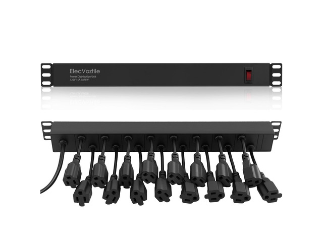 16 Outlet 1U Rack Mount PDU Power Strip, 15A, 125V, 1875W 15A Overload Switch, 6ft 14AWG Cord