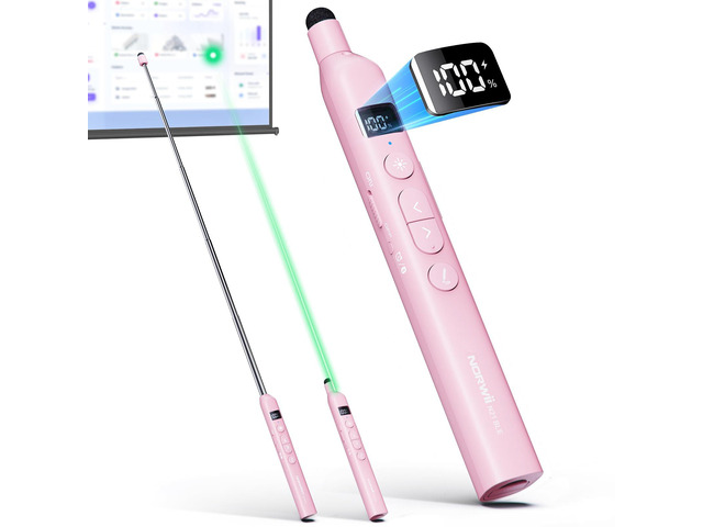 N21 Bluetooth Presentation Clicker with Telescopic Teaching Pointer Green laser pointer for presentations, Retractable pointer with touch pen,...