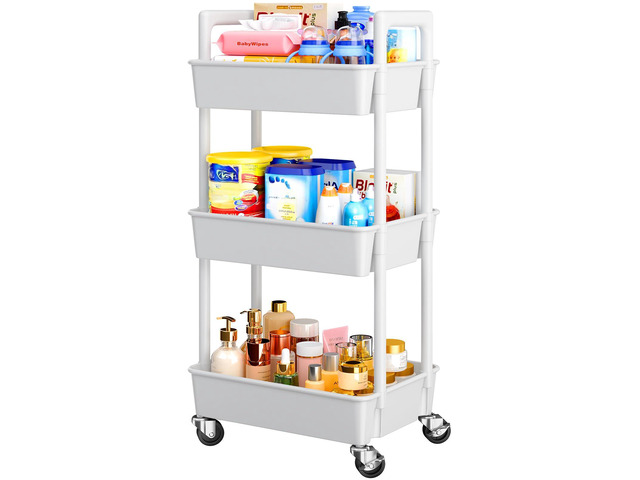 3 Tier Rolling Cart Organizer, Plastic Rolling Cart with Lockable Wheels & Reinforced Handle, Lightweight Utility Cart Storage Cart for Nursery,...