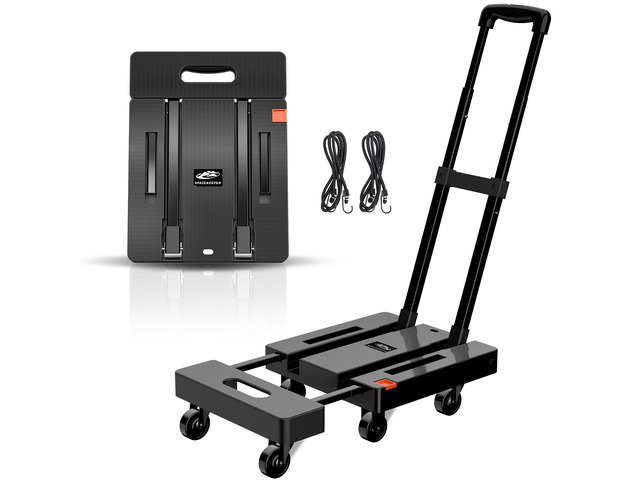 Folding Hand Truck, 500 LB Heavy Duty Luggage Cart, Black Utility Dolly Platform Cart with 6 Wheels & 2 Elastic Ropes for Luggage, Travel, Moving,...