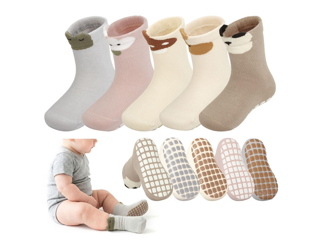 5 Pairs Toddler Non Slip Floor Socks Cute 3D Cartoon Animal 1-3 Years