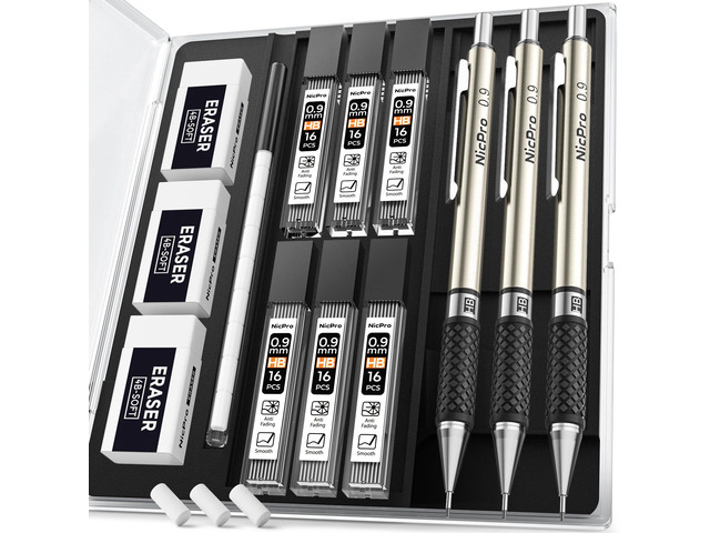 0.9 mm Art Mechanical Pencil Set in Storage Case, 3 PCS Metal Drafting Pencil Lead Pencil+6 Tube HB Lead Refill, 12 Eraser, Comfort Grip For School...