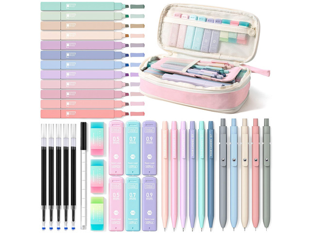 School Supplies with Cute Pencil Case, 39ct, Pink Back to School Stationery Set, Essentials for College & Nursing Students, 5 Gel Pens, 6...